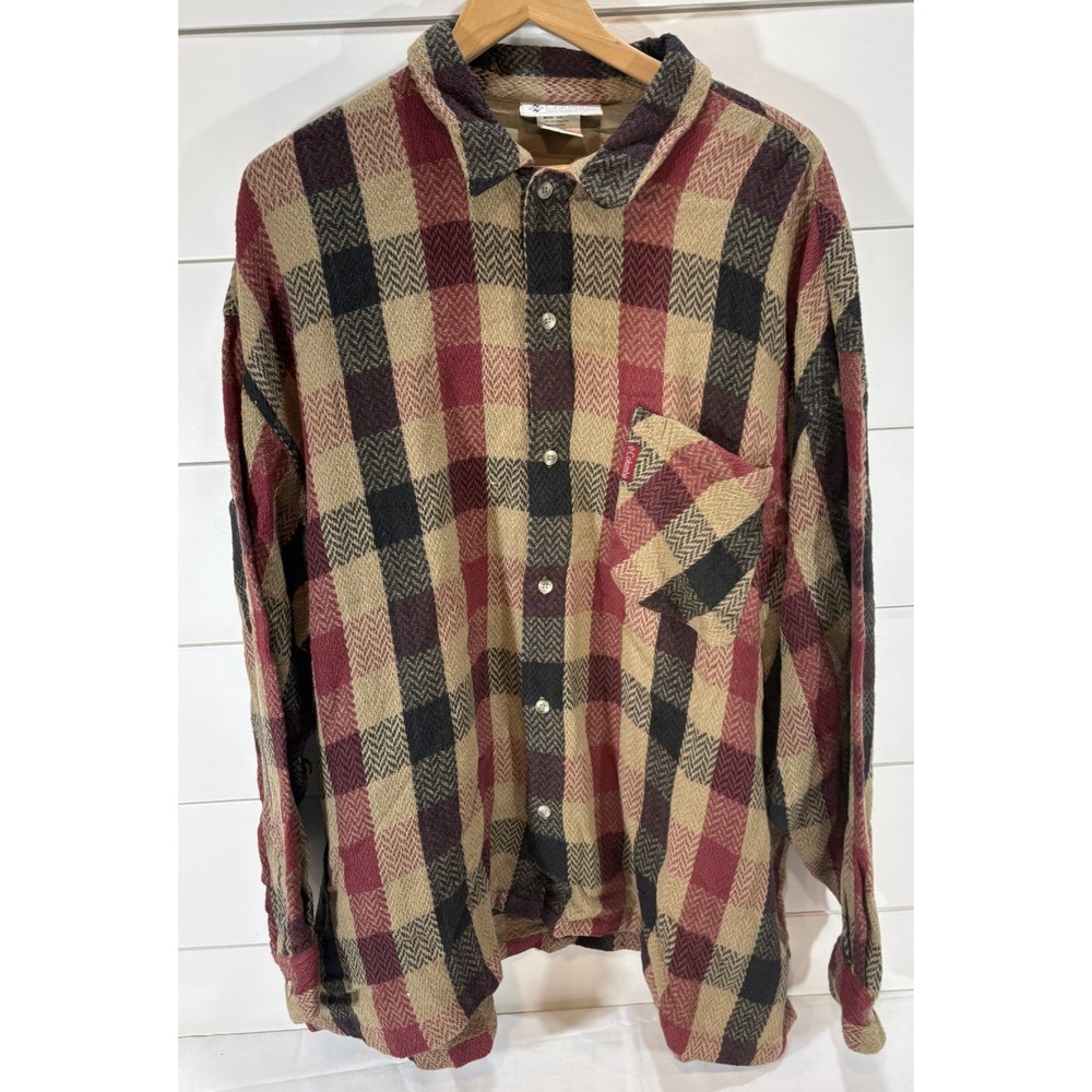 Vintage Columbia Plaid Button Down Long Sleeve Shirt Men's XXL Red Black Tan 90s